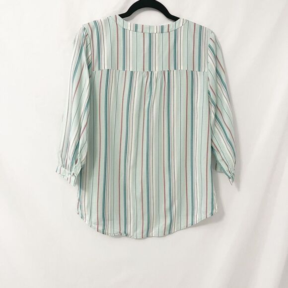 🟢Christopher & Banks Mint Green Multicolor Striped 3/4 Sleeve V Neck Blouse SP - Picture 2 of 6